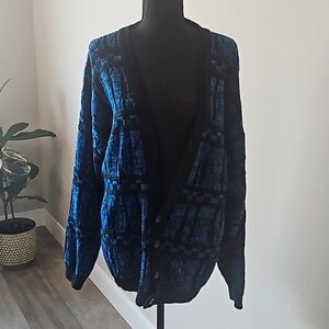 Vintage Zepplin | Blue & Black Pattern Button Sweater Cardigan | Womens M